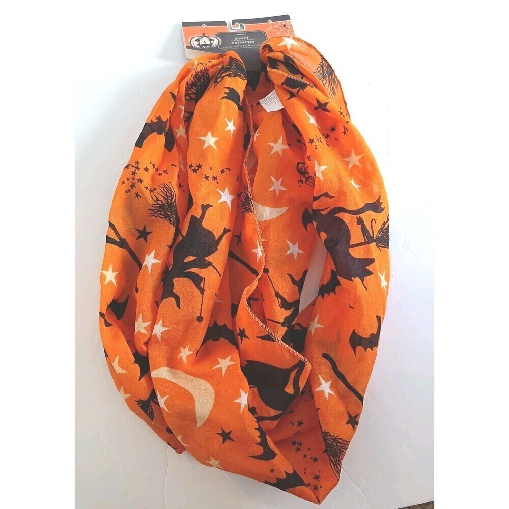 Halloween Infinity Scarf Witch Stars Bats Orange 68"x10" Spookey Scary New